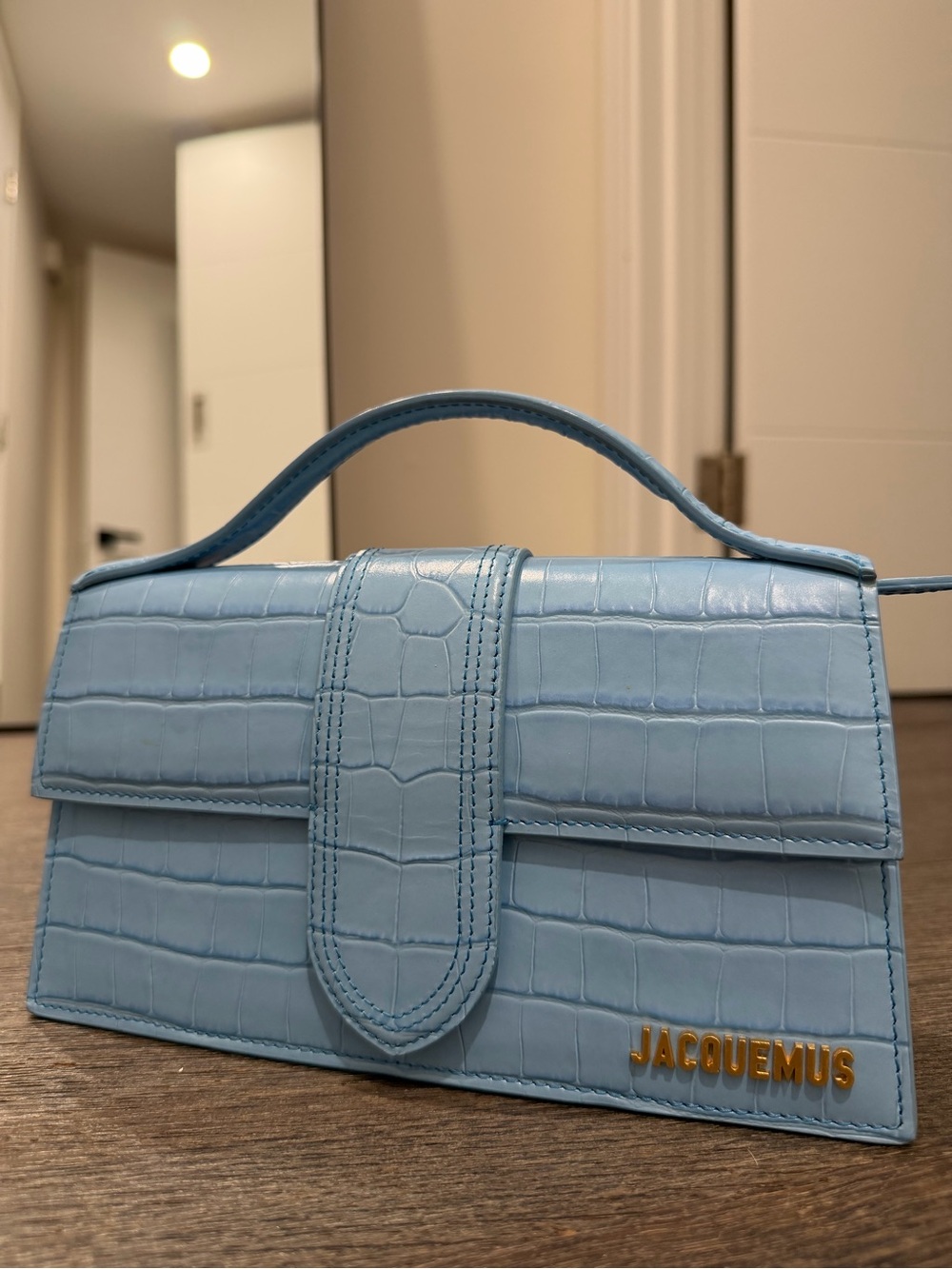Jacquemus Light Blue Croc-Embossed Mini Top-Handle Bag